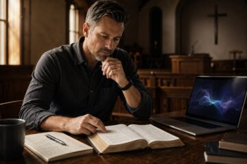 Ein Pastor bereitet mit Bibel, Notizen und Laptop eine Predigt vor